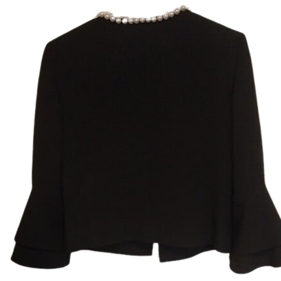 Tahari ASL Women's Faux Bright-White Pearl-Trim Ruffled-Sleeve Black Jacket SZ 8 - Picture 5 of 11